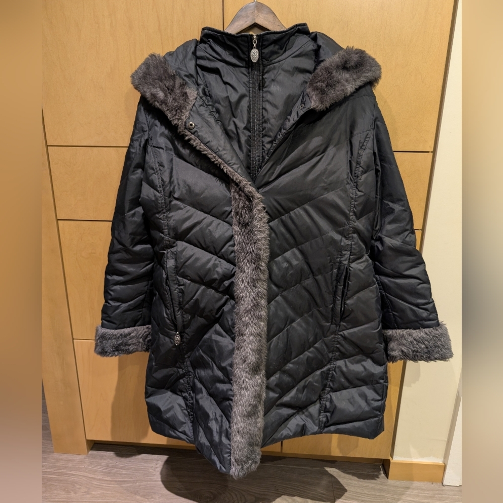 Hilary Radley Black Puffer Coat with Faux Fur Trim